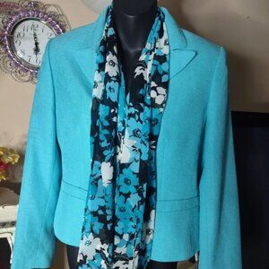 Le Suit Suit Womens Blue Blazer Button With Scarf Water Lilies Size 6P